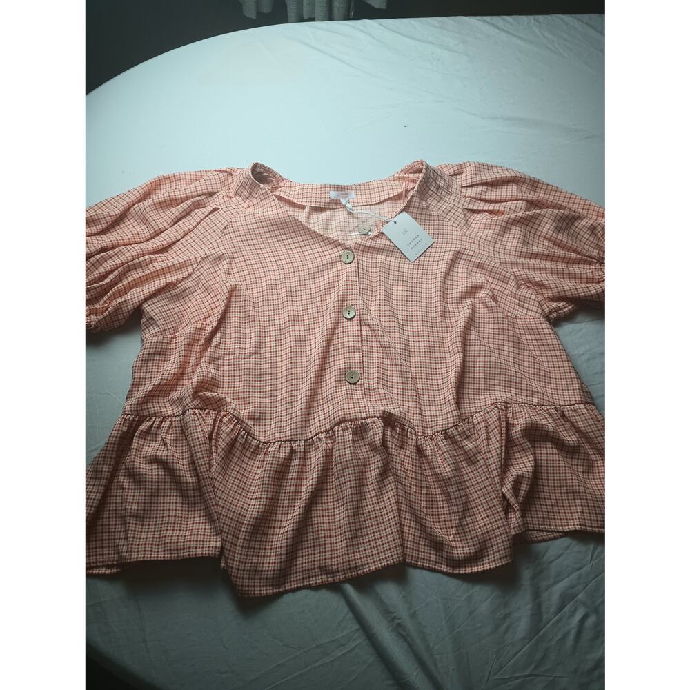 LC Lauren Conrad Women's Short Sleeved Coral Orange Plaid NWT Size 2X‎